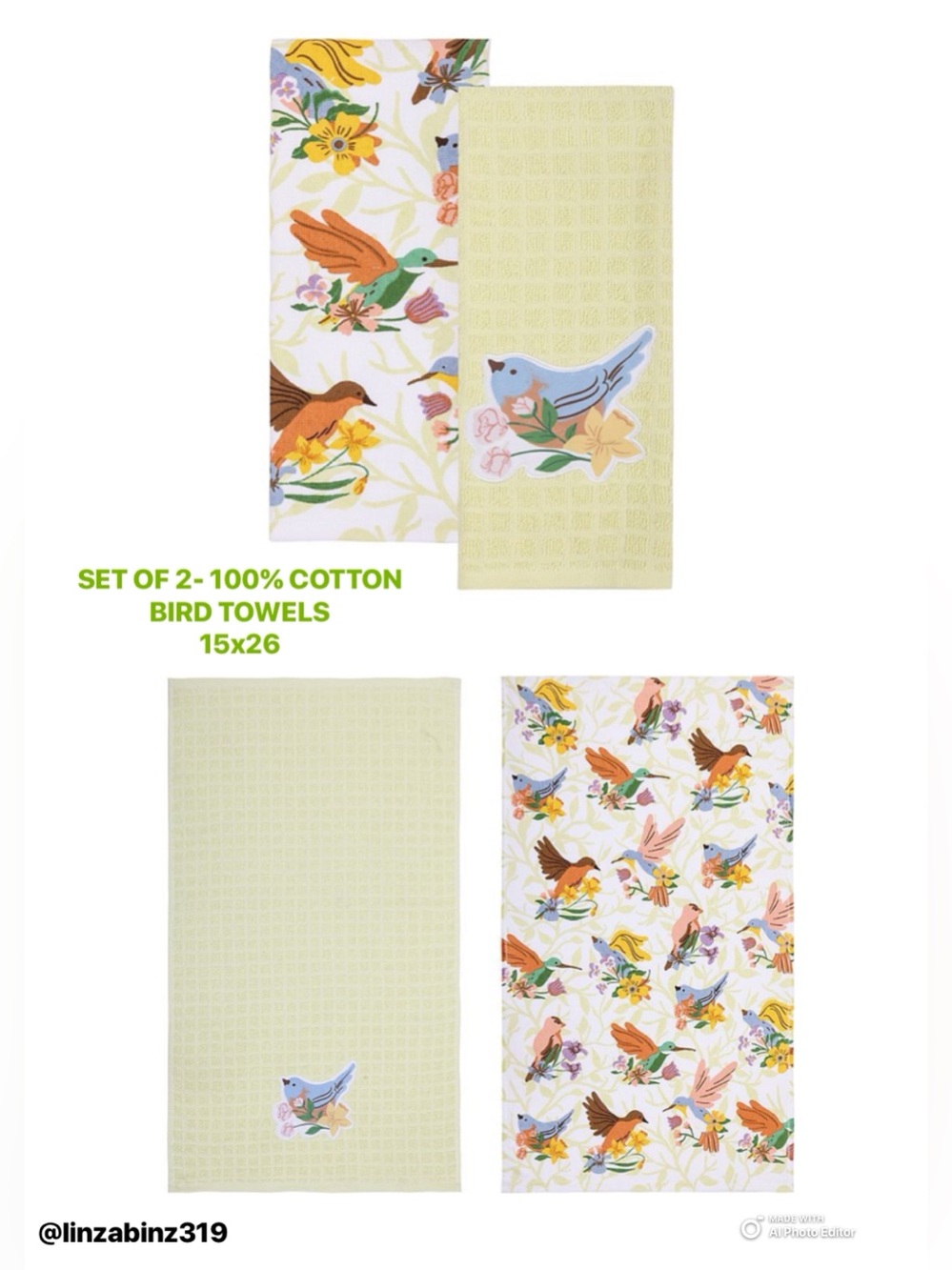 NWT- Set of 2- 100% Cotton- Bird Themed Kitchen Towels 15x26